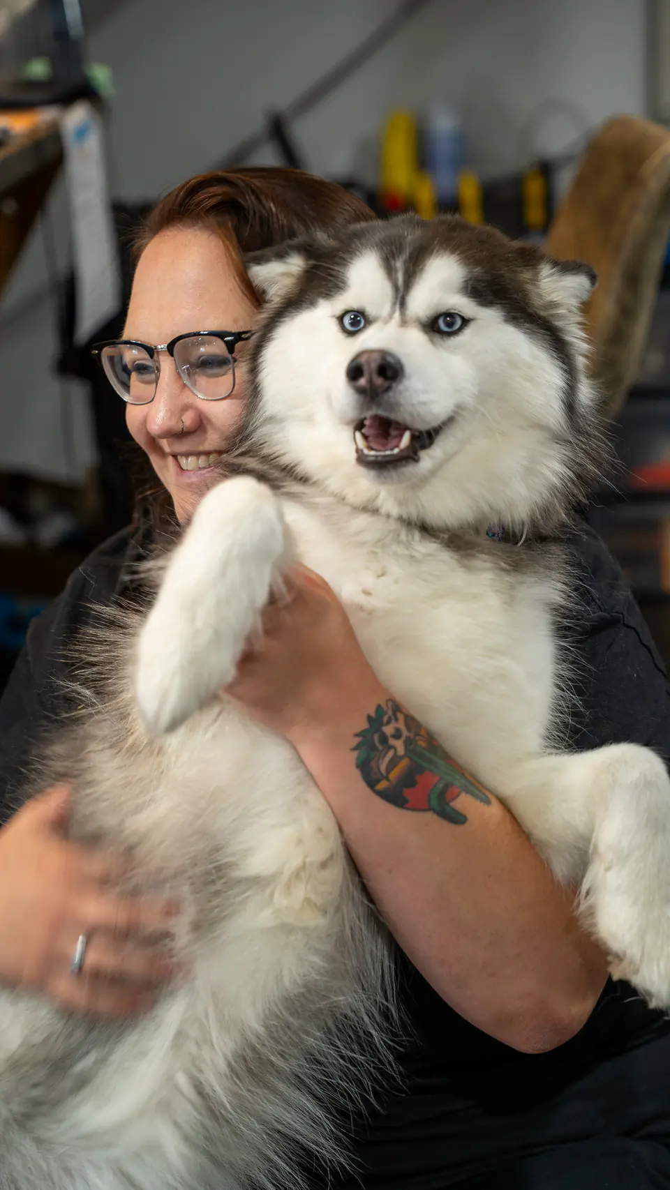 Dogtown staff member holding a smiling husky