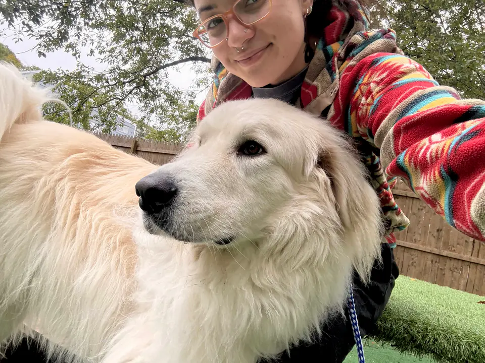 Staff member with a big fluffy white dog in the yard