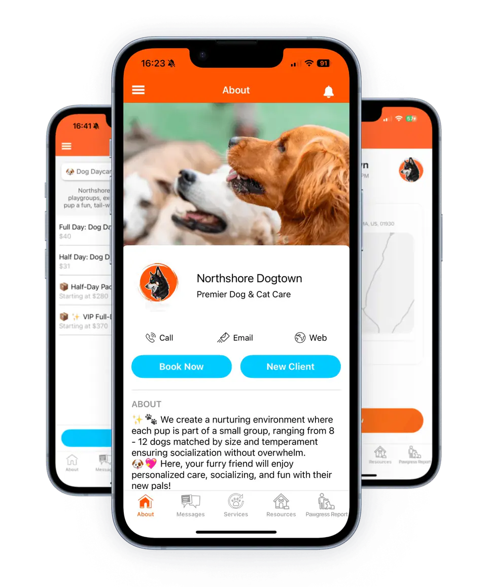 Screens of the Northshore Dogtown mobile app showing bookings and messages