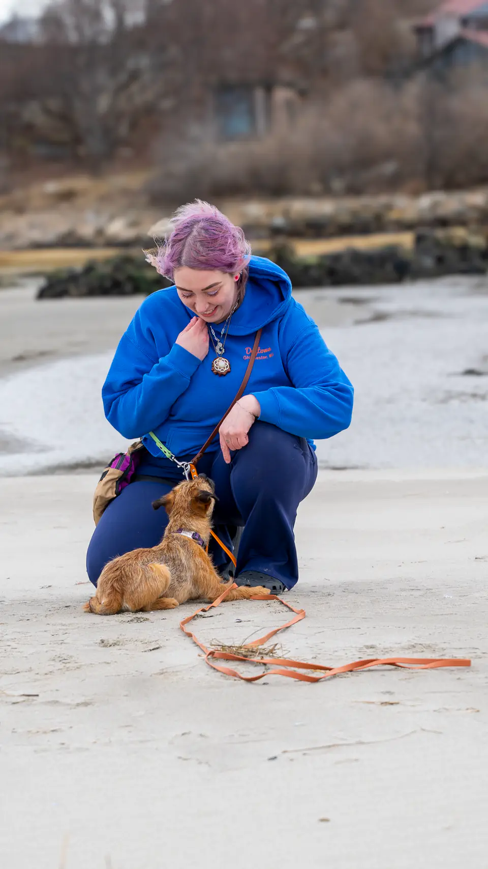 Trainer and puppy working on a long line at the beach