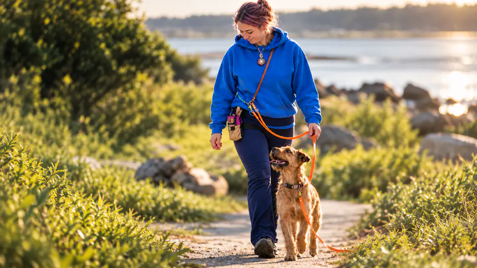 Dogtown walker and dog on a coastal trail at sunrise in Gloucester